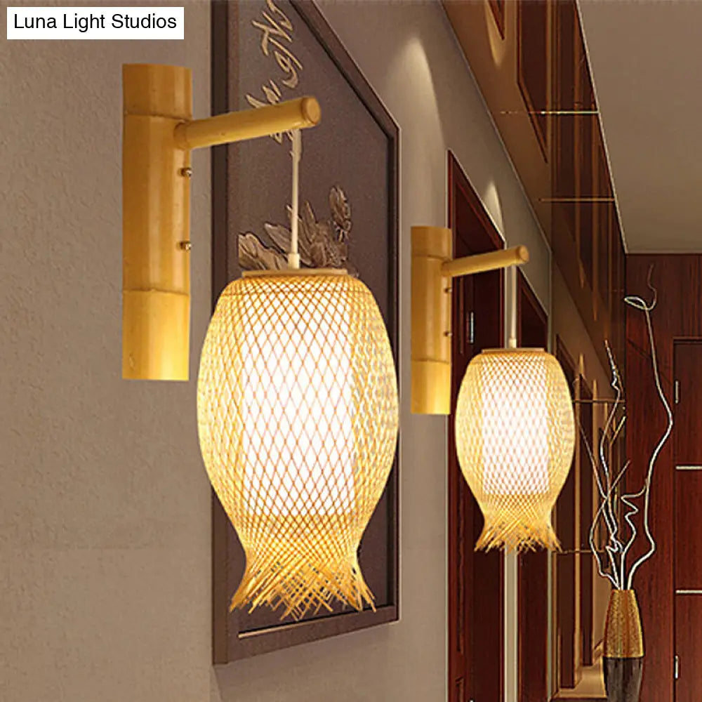 DecorBites™ Bamboo Wall Sconce with Asian Style and Beige Oblong Shade - Hand Woven, 1-Bulb Wall Lamp