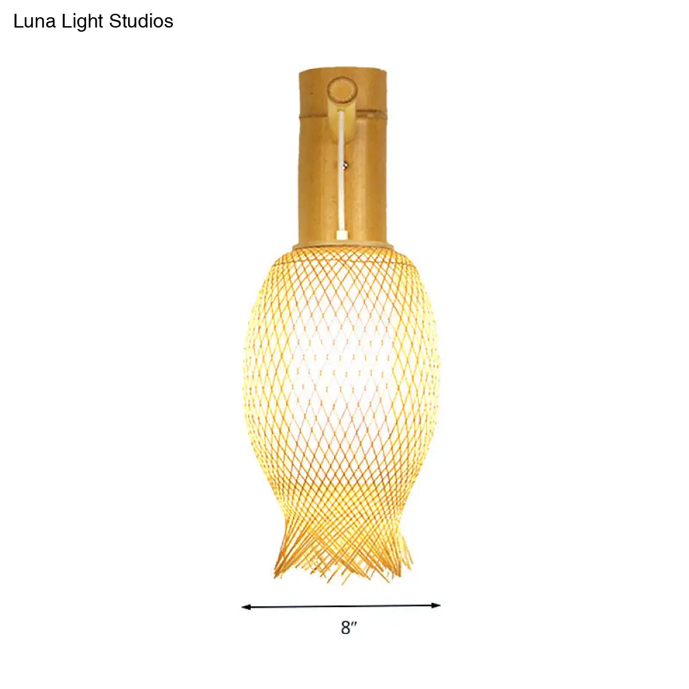 DecorBites™ Bamboo Wall Sconce with Asian Style and Beige Oblong Shade - Hand Woven, 1-Bulb Wall Lamp