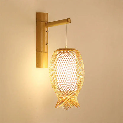 DecorBites™ Bamboo Wall Sconce with Asian Style and Beige Oblong Shade - Hand Woven, 1-Bulb Wall Lamp