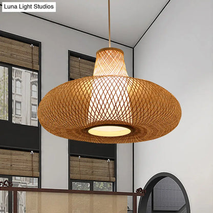 Bamboo Weave Pendant Light Kit with 1 Bulb - Contemporary Wood Hanging Lamp, 16"/19.5" Wide