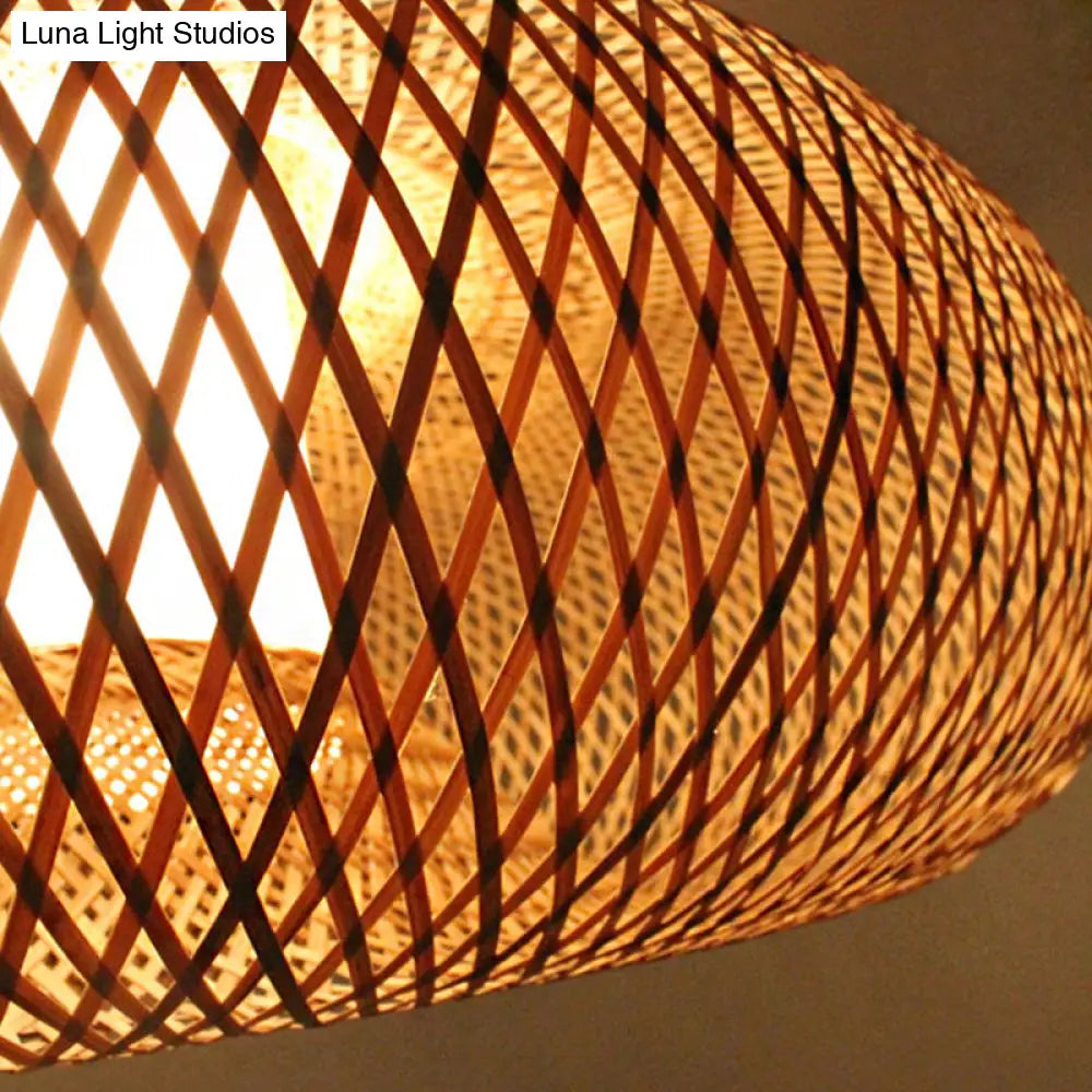 Bamboo Weave Pendant Light Kit with 1 Bulb - Contemporary Wood Hanging Lamp, 16"/19.5" Wide