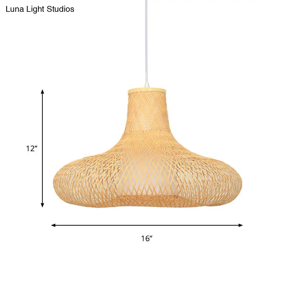 Bamboo Weave Pendant Light Kit with 1 Bulb - Contemporary Wood Hanging Lamp, 16"/19.5" Wide