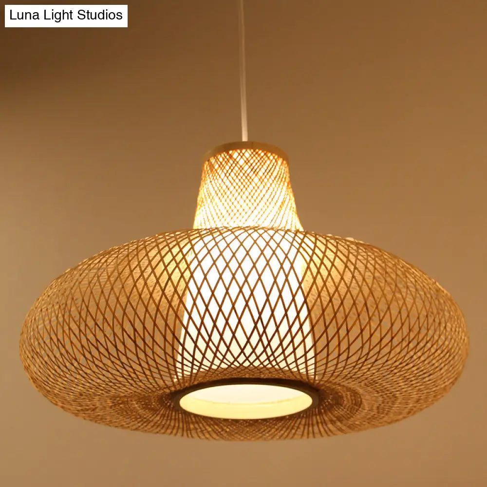 Bamboo Weave Pendant Light Kit with 1 Bulb - Contemporary Wood Hanging Lamp, 16"/19.5" Wide