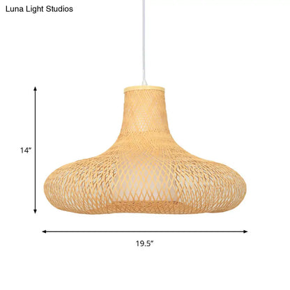 Bamboo Weave Pendant Light Kit with 1 Bulb - Contemporary Wood Hanging Lamp, 16"/19.5" Wide