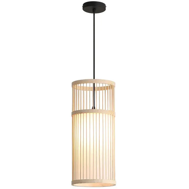 A modern cylindrical bamboo wooden pendant lamp with black metal hardware for kitchen bar lighting e27