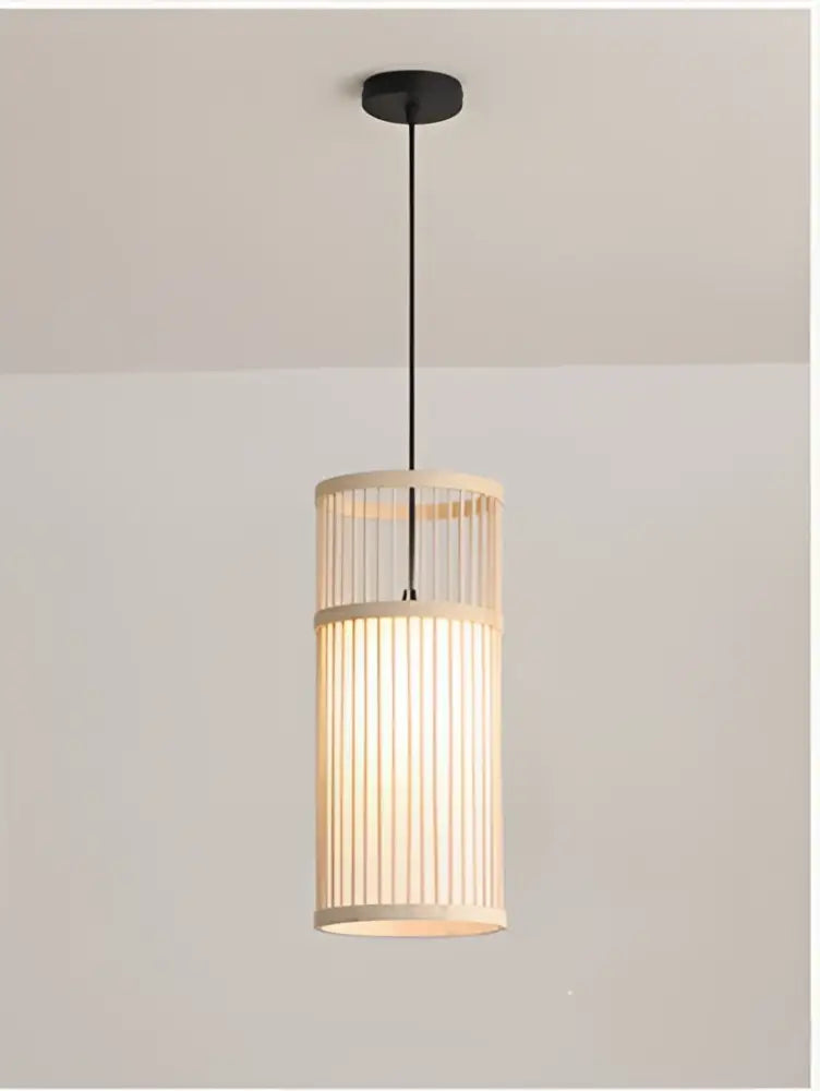 Bamboo wooden pendant lamp e27 with natural bamboo frame and vertical slats emitting warm ambient glow