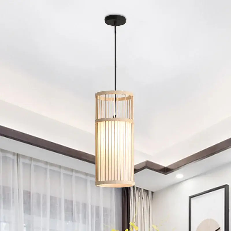 Cylindrical bamboo wooden pendant lamp e27 with natural frame and warm diffused glow for kitchen bar lighting