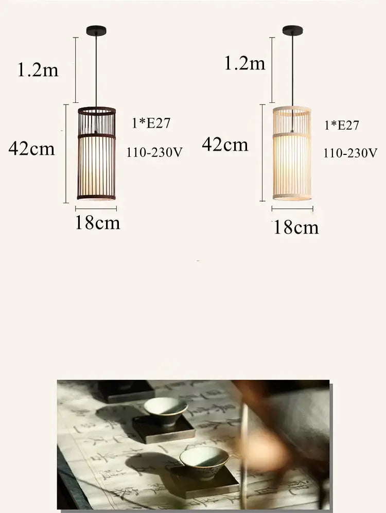 Two cylindrical bamboo wooden pendant lamps with dark and light frames featuring vertical slats for kitchen bar lighting