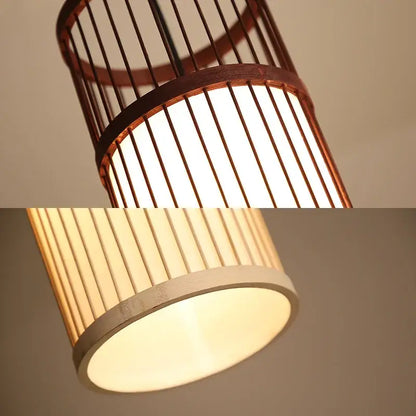 Bamboo wooden pendant lamp e27 featuring warm glowing interior and vertical wooden slats framed by dark brown bands