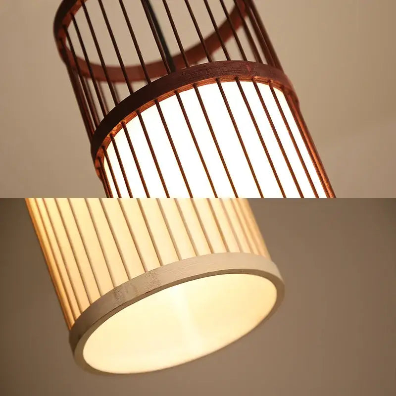 Bamboo wooden pendant lamp e27 featuring warm glowing interior and vertical wooden slats framed by dark brown bands