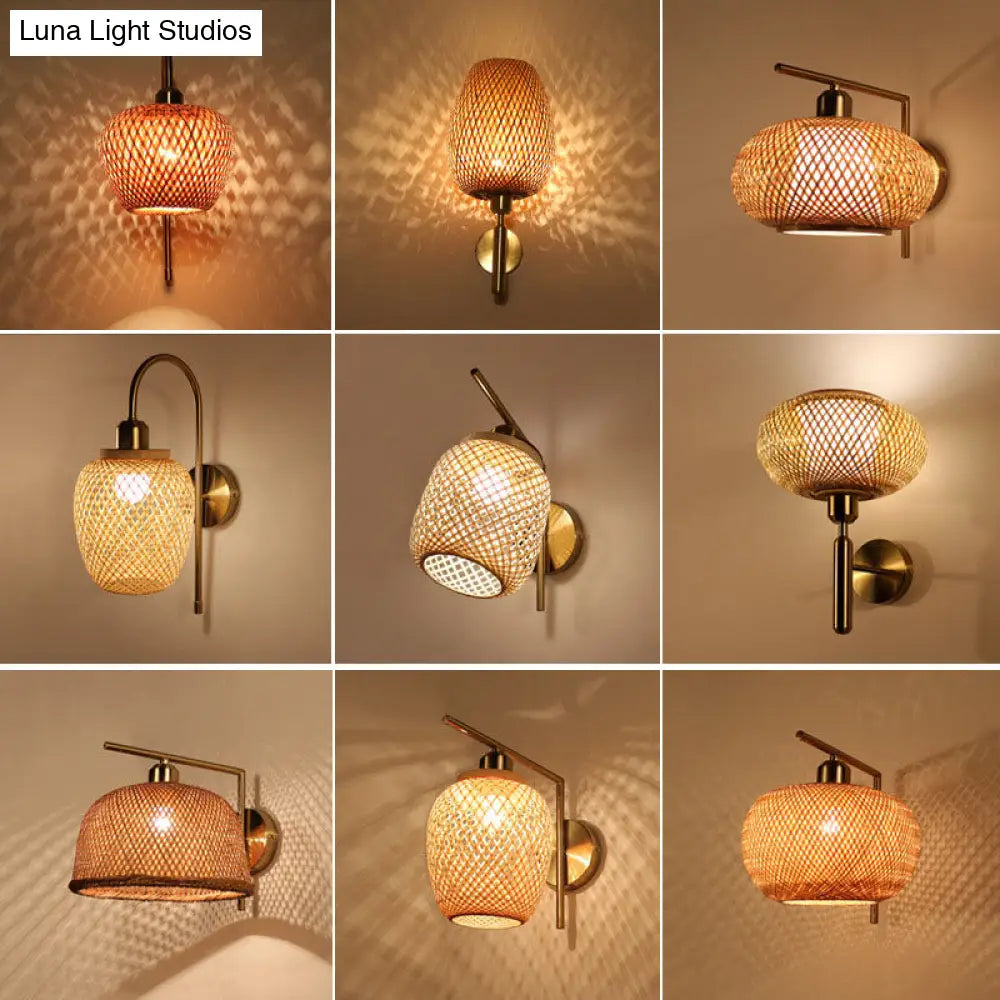 Farol de pared tejido en bambú - Lámpara de pared de madera de estilo chino con diseño entrecruzado (1 bombilla)