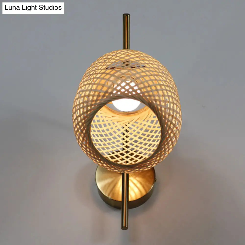 Farol de pared tejido en bambú - Lámpara de pared de madera de estilo chino con diseño entrecruzado (1 bombilla)