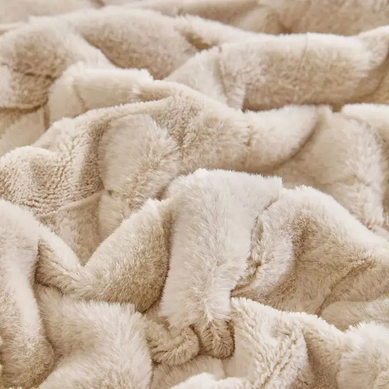 Cream-colored banana leaf jacquard faux rabbit fur throw blanket with soft fluffy texture and subtle tonal variations