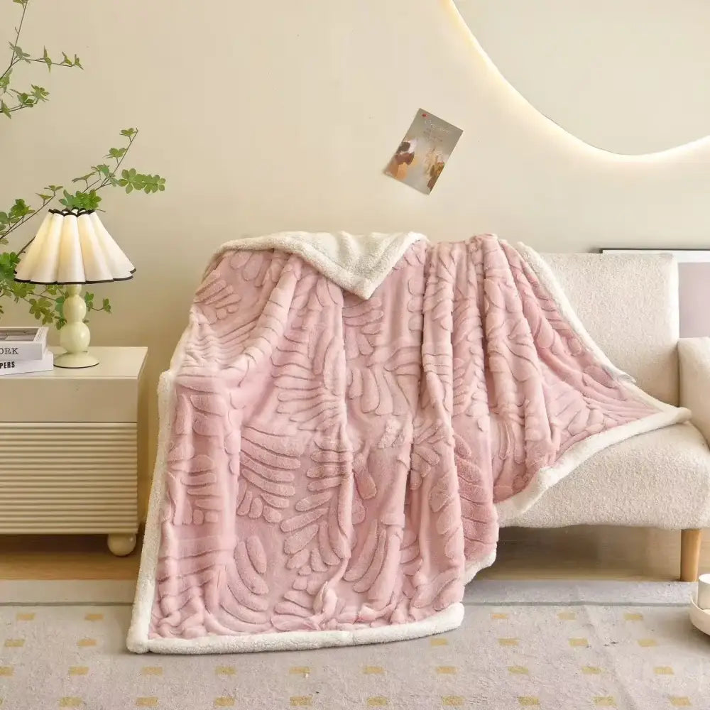 Pink plush bedroom throw blanket with soft banana leaf jacquard faux rabbit fur and contrasting white sherpa lining