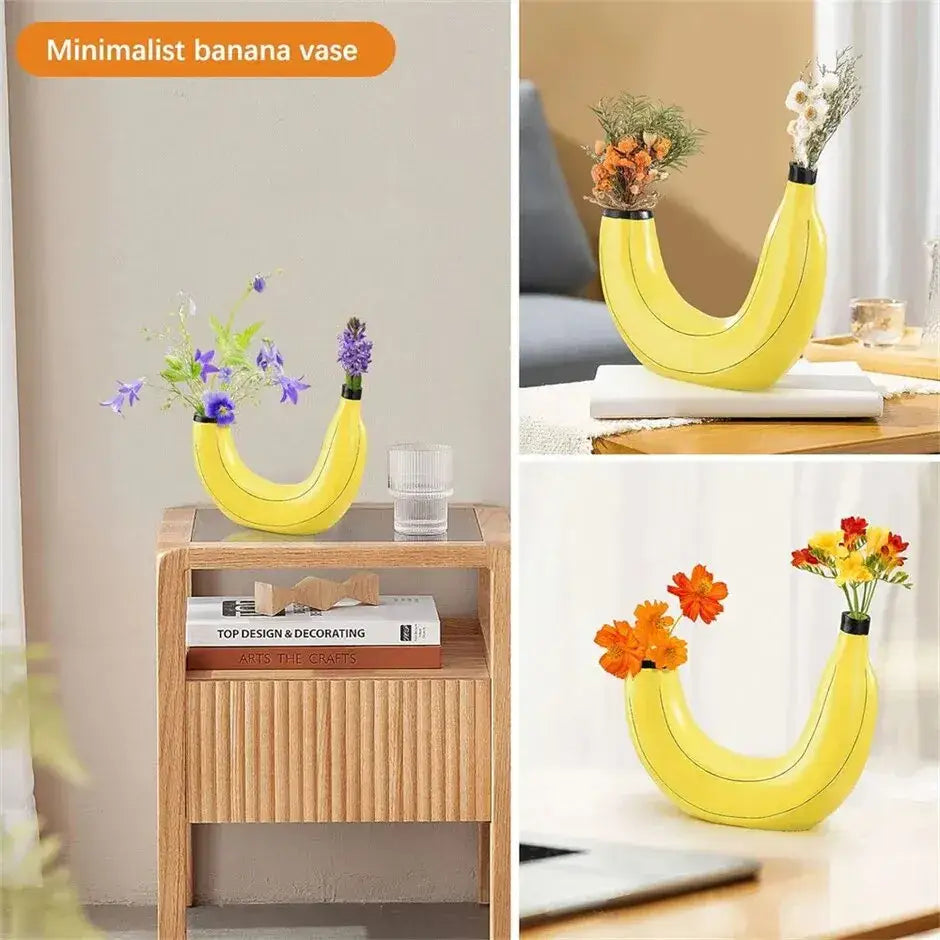 Bright yellow banana shape resin flower vase with glossy finish and black rim for decorative use