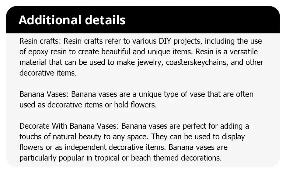 Banana shape resin flower vase with black header and gray text detailing resin flower crafts and banana vase features
