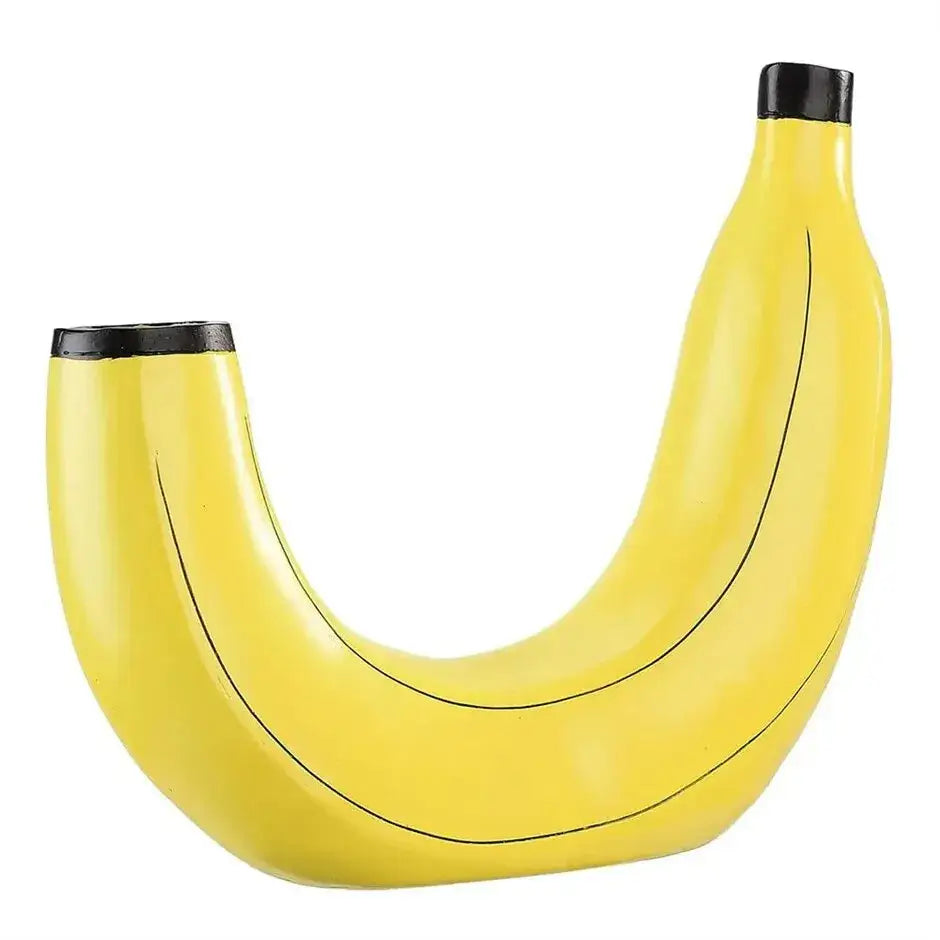 A glossy yellow banana shape resin flower vase with black caps and subtle curved lines for decorative use