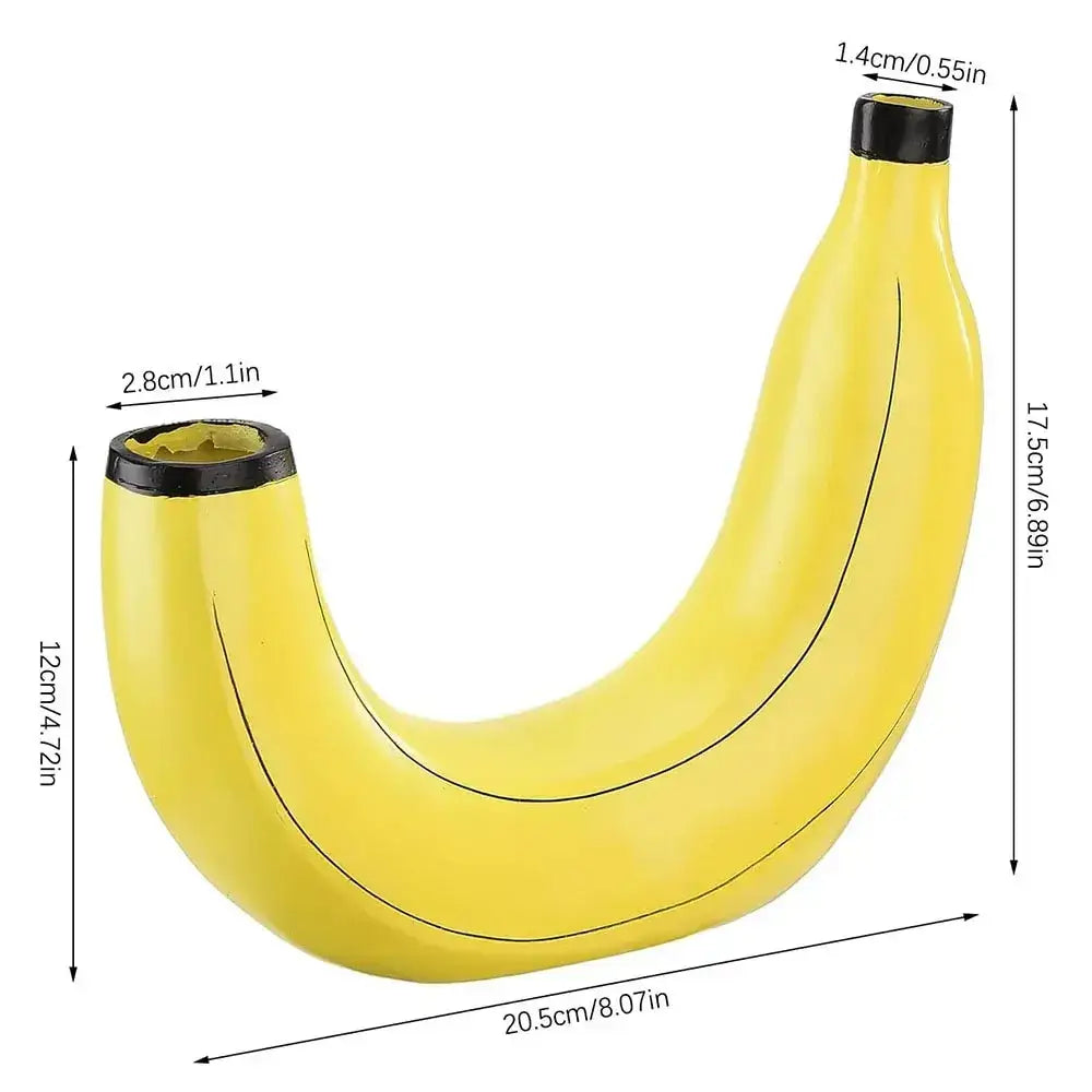Yellow banana shape resin flower vase with black rimmed openings at both ends for decorative use