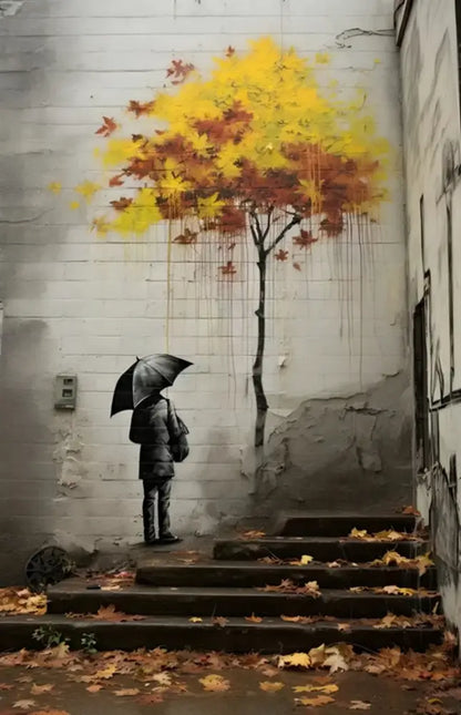 Decorbites™ banksy boy girl balloon canvas print featuring a black umbrella on stone steps with autumn tree mural