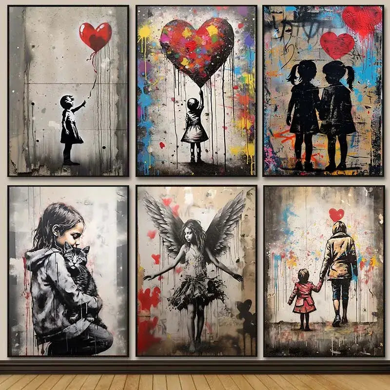 Set of six framed DecorBites Banksy boy girl balloon canvas print wall art in black white gray red blue and yellow tones