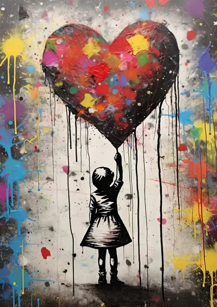 Decorbites™ banksy boy girl balloon canvas wall art featuring a vibrant multicolored heart balloon with paint splatters
