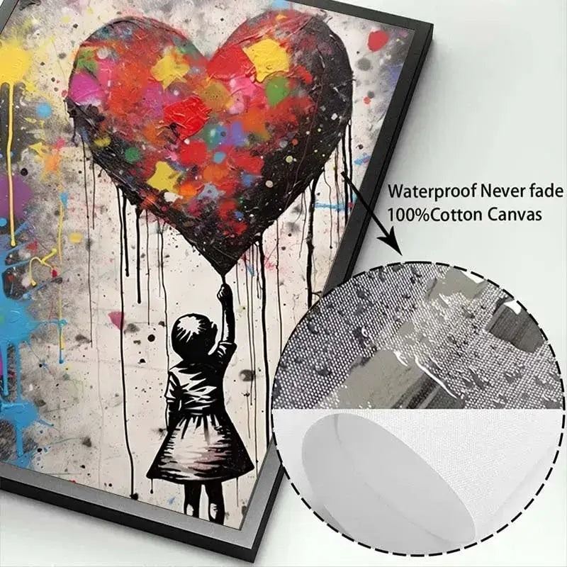 Decorbites™ banksy boy girl balloon canvas print featuring vibrant multicolored heart-shaped balloon with paint drips