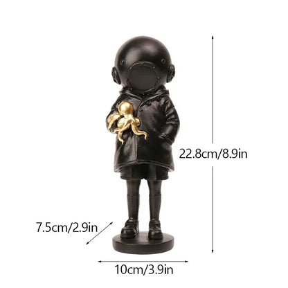 Black resin banksy deep diver sculpture featuring an astronaut holding a golden octopus for living room decor