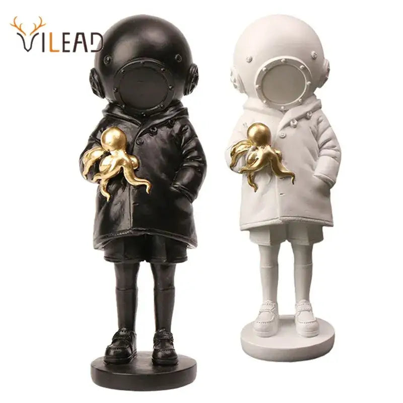 Banksy deep diver black and white resin sculpture featuring astronauts holding golden octopuses for living room decor