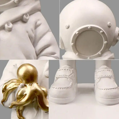 White astronaut figurine holding golden octopus banksy deep diver black and white resin sculpture for living room decor