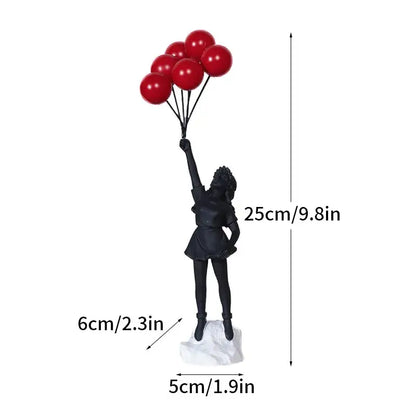 Black resin balloon girl figurine holding red balloons from banksy sculpture collection for living room decor