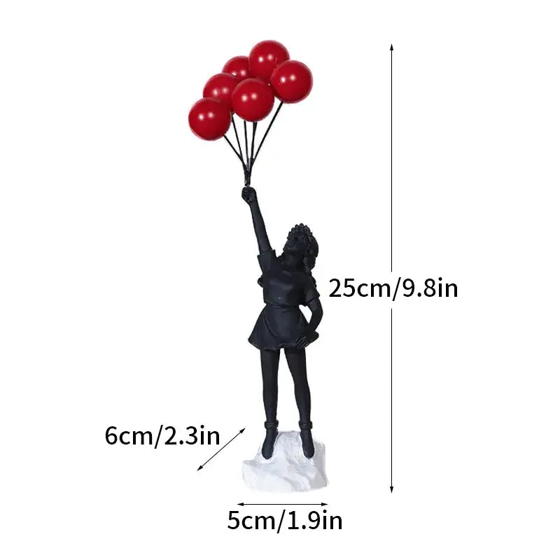 Black resin balloon girl figurine holding red balloons from banksy sculpture collection for living room decor