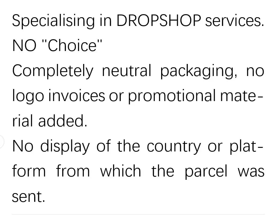 Black text on white background describes dropshipping services with neutral packaging for banksy sculpture collection decor