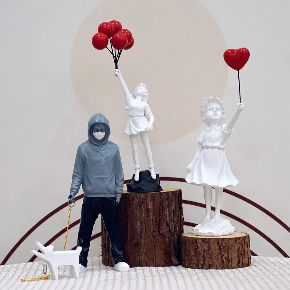 White resin banksy sculpture collection figurine of a girl in a dress holding a red heart balloon for living room decor