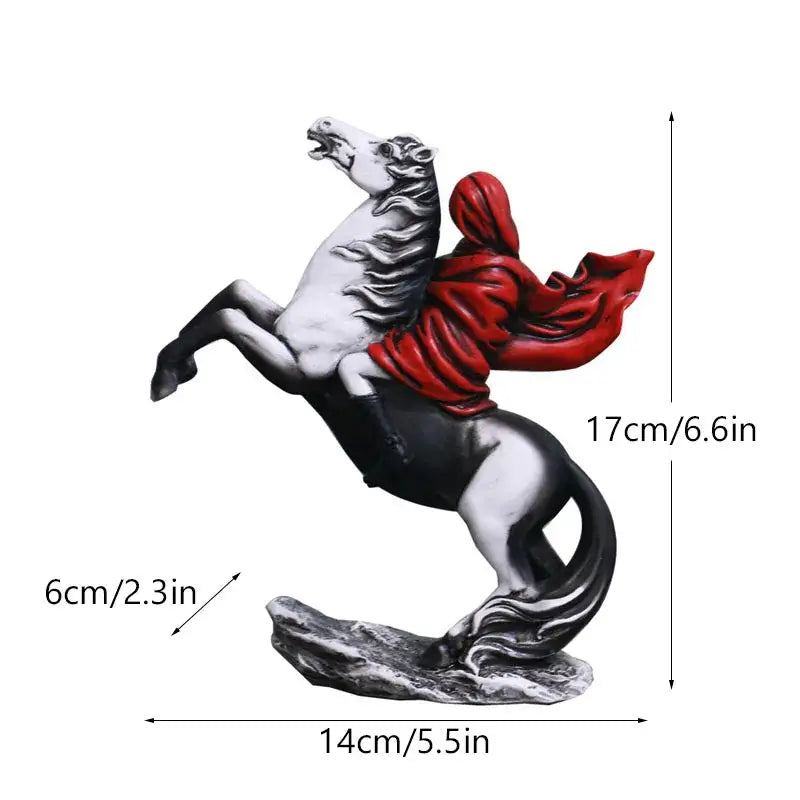 A dynamic black and white horse statue with a flowing red cloak from the Banksy sculpture collection decor