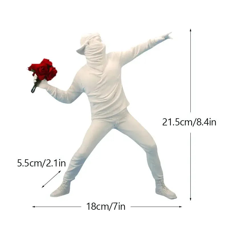 White plastic full-body figurine holding red roses from banksy sculpture collection black and white figurines decor