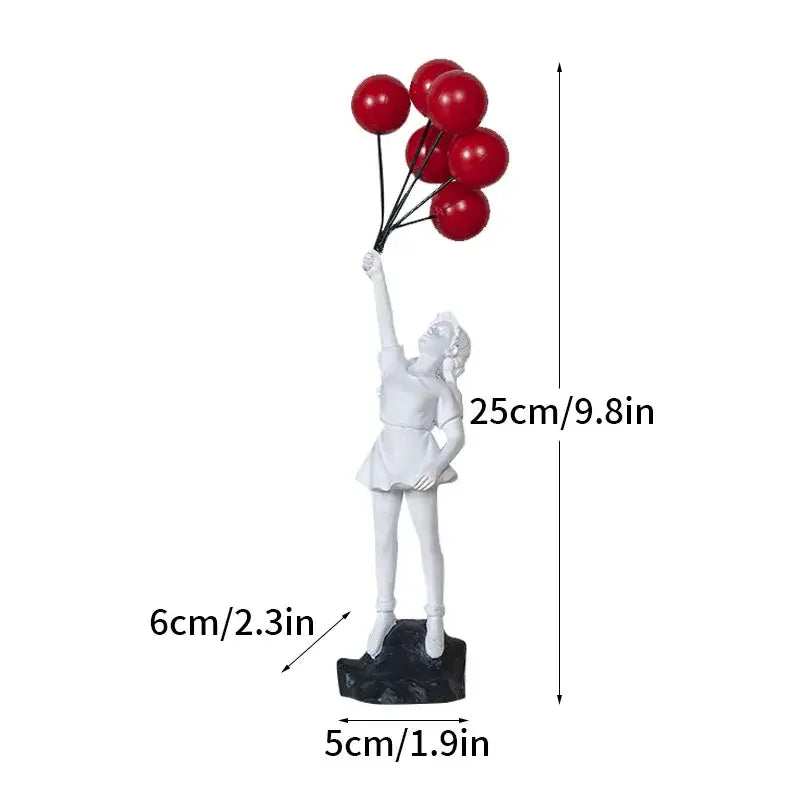 White resin banksy sculpture collection figurine of a girl in a short dress holding red balloons for living room decor