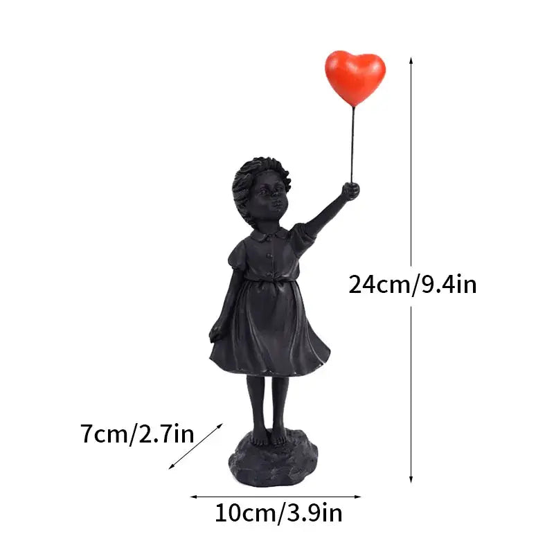 Black resin balloon girl figurine holding red heart balloon from banksy sculpture collection for living room decor