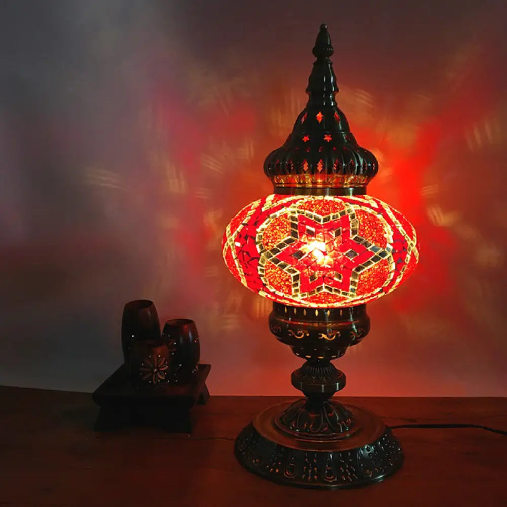 باربرا - إضاءة طاولة بوهيميا بيضاوية من الزجاج الملون، إضاءة طاولة جانبية لغرفة المعيشة برأس واحد، باللون الأبيض/الأحمر/الأصفر