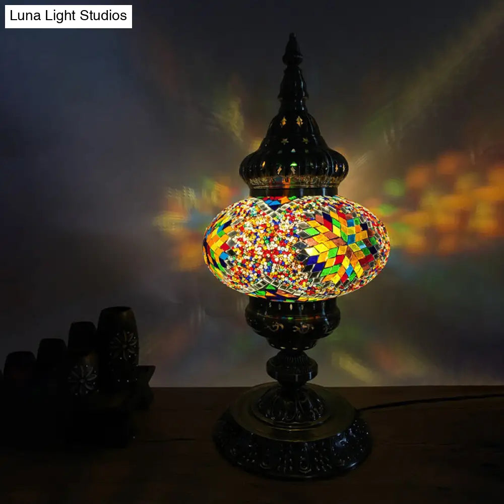 باربرا - إضاءة طاولة بوهيميا بيضاوية من الزجاج الملون، إضاءة طاولة جانبية لغرفة المعيشة برأس واحد، باللون الأبيض/الأحمر/الأصفر