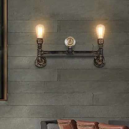 Aplique de pared de dos luces con bombilla desnuda, acabado en bronce de hierro envejecido e iluminación decorativa Gauge
