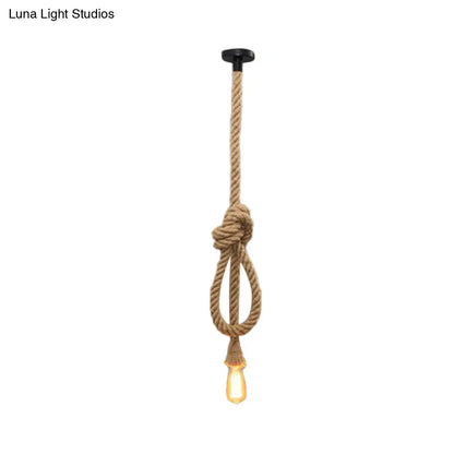 Bare Bulb Design Hemp Rope Ceiling Pendant Light - Brown Knot, Farmhouse Style