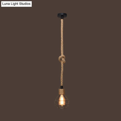 Bare Bulb Design Hemp Rope Ceiling Pendant Light - Brown Knot, Farmhouse Style