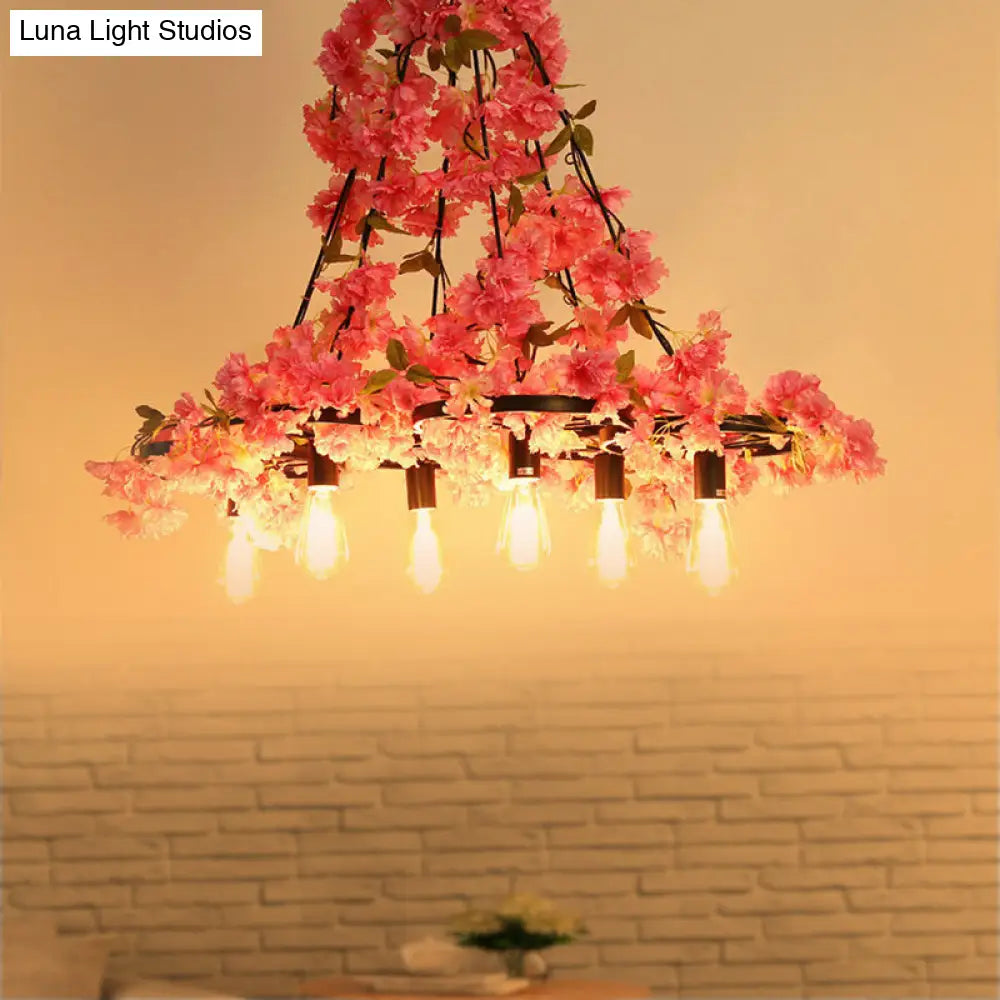 Lámpara de araña industrial con bombillas desnudas - Lámpara colgante LED rosa con forma de flor para restaurante (6 bombillas)
