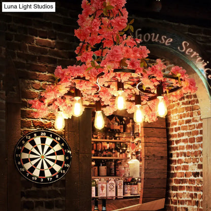 Lámpara de araña industrial con bombillas desnudas - Lámpara colgante LED rosa con forma de flor para restaurante (6 bombillas)