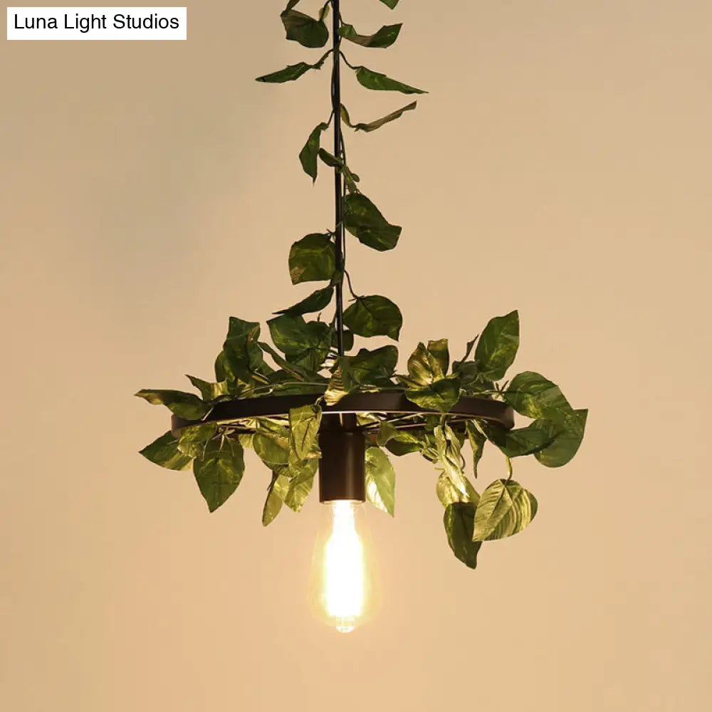 Bare Bulb Industrial Metal Pendant Light - Green Plant LED Hanging Lamp for Restaurants