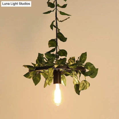 Bare Bulb Industrial Metal Pendant Light - Green Plant LED Hanging Lamp for Restaurants