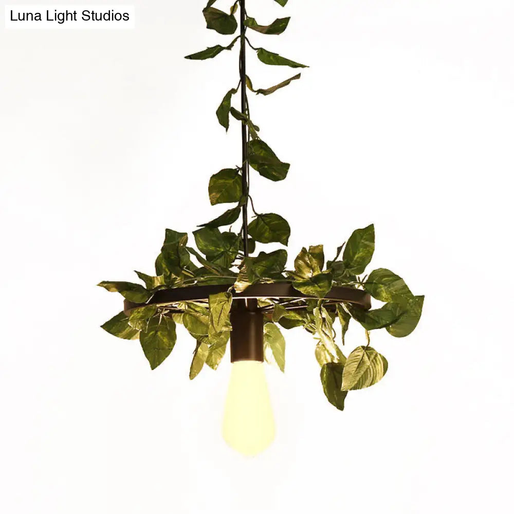 Bare Bulb Industrial Metal Pendant Light - Green Plant LED Hanging Lamp for Restaurants