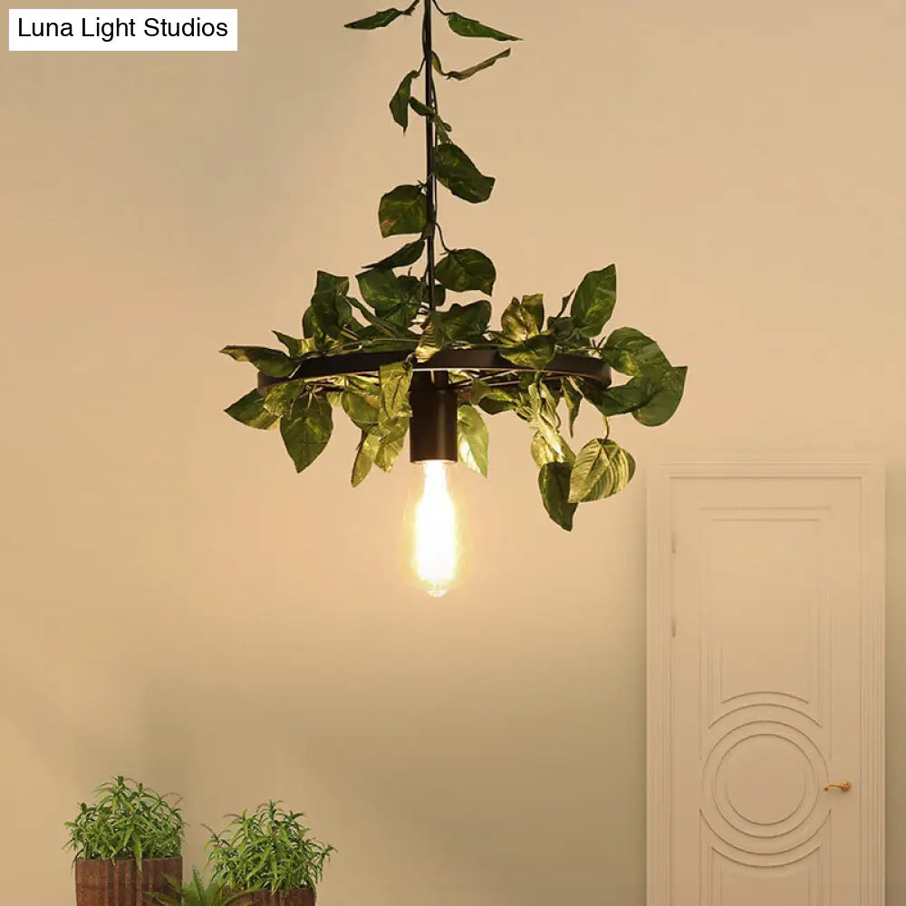 Bare Bulb Industrial Metal Pendant Light - Green Plant LED Hanging Lamp for Restaurants