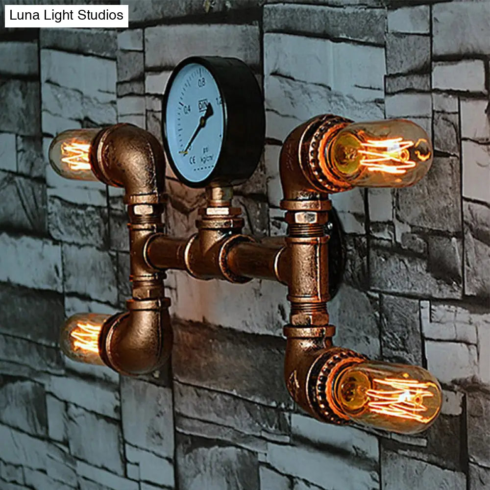 مصباح حائط ريفي من الحديد بمصباح عارٍ مع ديكور قياس - حامل نحاسي بأربعة مصابيح لغرفة الطعام