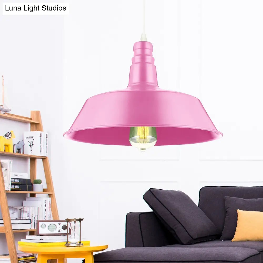 Barn Living Room Pendant Lighting - 10/14 Inch Wide Industrial Style Metal 1 Bulb Hanging Light (Pink/Yellow) with Adjustable Cord